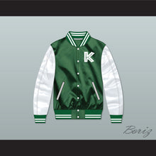 Load image into Gallery viewer, Kekambas Green/ White Varsity Letterman Satin Bomber Jacket 3