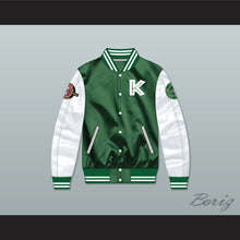 Load image into Gallery viewer, Kekambas Green/ White Varsity Letterman Satin Bomber Jacket 5
