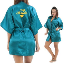 Load image into Gallery viewer, Kimono Robe Faux Silk Women Wedding Preparewear Bride Team Heart Golden Glitter Print Robes Bachelorette Pajamas Free Shipping