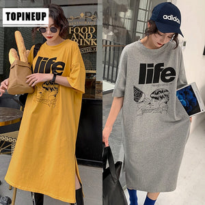 Korean Style Loose T-Shirt Dresses Plus Size Casual Life Letter Cartoon Print Casual Long Summer Dress For Women