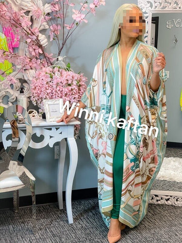 Kuwait Popular 2021 Printed African Women's Silk Printed Kimono Clothes Traditional Free Size Summer  Beach Duster Coat