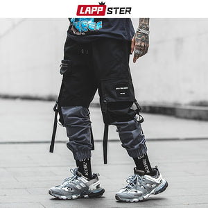 LAPPSTER Pachwork Cargo Pants 2019 Streetwear Hip Hop Ribbons Joggers Pants Men Japanese Style Black Casual Track Pants Fashions