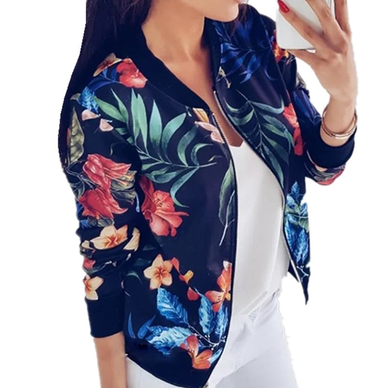LOSSKY Retro Floral Print Women Coat Casual Zipper Up Bomber Women's Autumn Long Sleeve Outwear Jacket Coats Ladies Clothes 2020