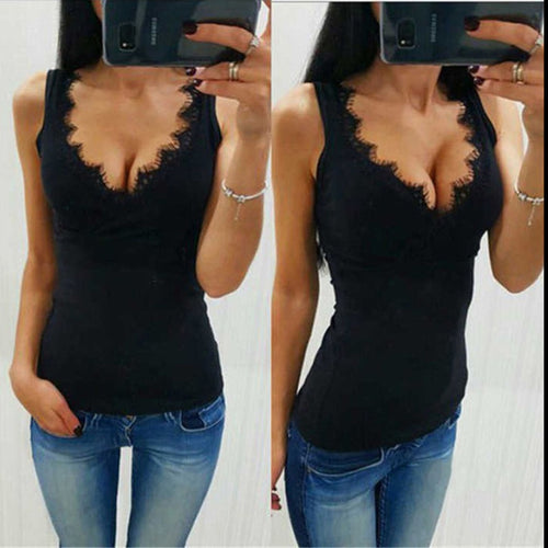 Lace Patchwork Tank Tops for Women 2019 Black Summer Vest Sleeveless Camisole V-Neck Slim Sexy Tops and Tees Ladies Tanks