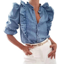 Load image into Gallery viewer, Ladies Fashion Summer Shirt Modish Elegant Shirt Cascading Ruffles Puff Sleeve Denim Blouse Women Jeans Blusa Tops And Blouses