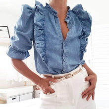 Load image into Gallery viewer, Ladies Fashion Summer Shirt Modish Elegant Shirt Cascading Ruffles Puff Sleeve Denim Blouse Women Jeans Blusa Tops And Blouses