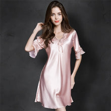 Load image into Gallery viewer, Ladies Sexy Silk Satin Nightwear V-neck Nightgown Short Sleeve Night Wear Lace NIght Shirt Fashion Sleepwear For Women