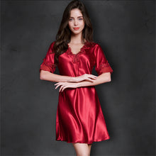 Load image into Gallery viewer, Ladies Sexy Silk Satin Nightwear V-neck Nightgown Short Sleeve Night Wear Lace NIght Shirt Fashion Sleepwear For Women