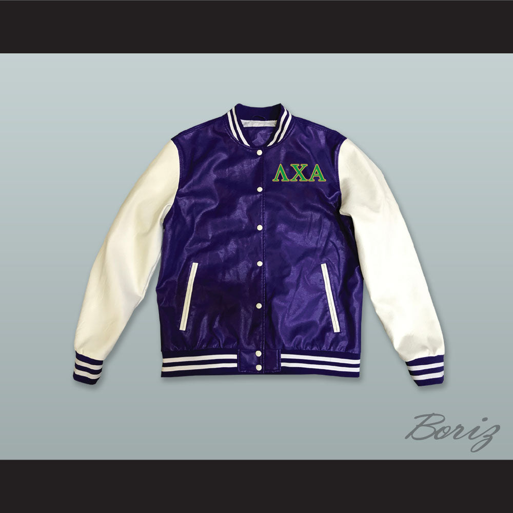 Lambda Chi Alpha Fraternity Purple and White Lab Leather Varsity Letterman Jacket