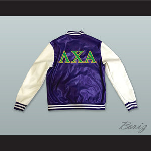 Lambda Chi Alpha Fraternity Purple and White Lab Leather Varsity Letterman Jacket
