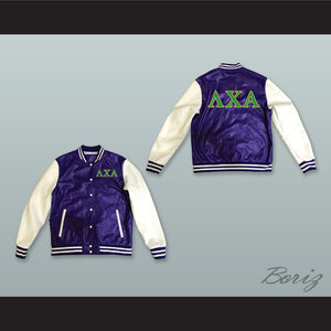 Lambda Chi Alpha Fraternity Purple and White Lab Leather Varsity Letterman Jacket