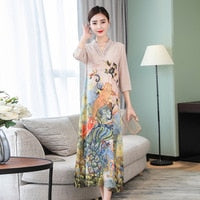 Large size S-4XL 2020 new fashion Peacock Printed Women's Autumn Dress V-Neck Long Dresses Party Elegant Vestido Loose Robe