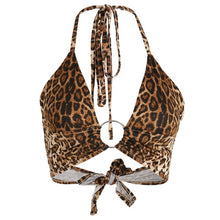 Load image into Gallery viewer, Leopard Printed Sexy Halter Crop Top Women Camis Backless Bandage Lace Up Sequins Metal Ring Tank Top 2019 Party Club Bustier
