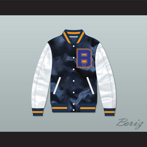 Lethal Weapon 2 Martin Riggs Navy Blue and White Varsity Letterman Satin Bomber Jacket