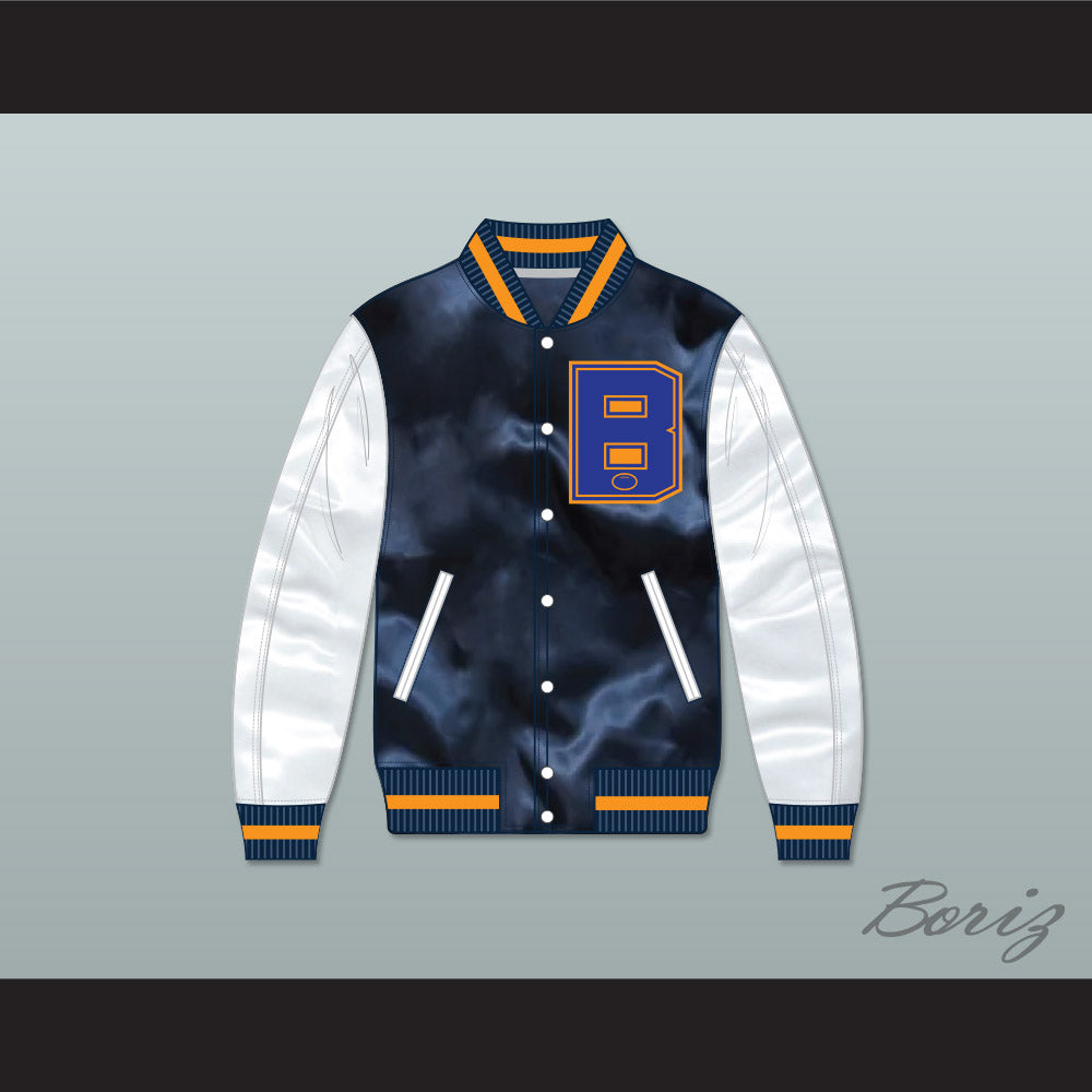 Lethal Weapon 2 Martin Riggs Navy Blue and White Varsity Letterman Satin Bomber Jacket