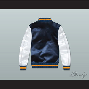 Lethal Weapon 2 Martin Riggs Navy Blue and White Varsity Letterman Satin Bomber Jacket