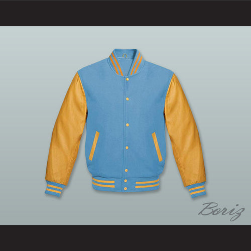 Light Blue Wool and Old Gold Lab Leather Varsity Letterman Jacket