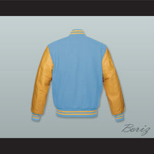 Load image into Gallery viewer, Light Blue Wool and Old Gold Lab Leather Varsity Letterman Jacket