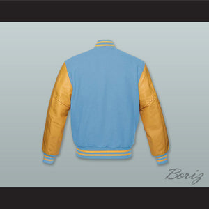 Light Blue Wool and Old Gold Lab Leather Varsity Letterman Jacket