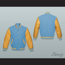 Load image into Gallery viewer, Light Blue Wool and Old Gold Lab Leather Varsity Letterman Jacket