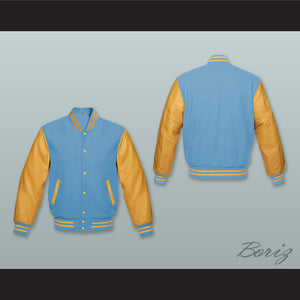 Light Blue Wool and Old Gold Lab Leather Varsity Letterman Jacket