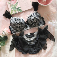 Load image into Gallery viewer, Lolita Underwear Plus Size Lingerie Lace Japanese Sexy Bra and Panty Set Plaid Black Fox Gathered Bra Thong Women&#39;s Panties Set