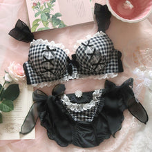 Load image into Gallery viewer, Lolita Underwear Plus Size Lingerie Lace Japanese Sexy Bra and Panty Set Plaid Black Fox Gathered Bra Thong Women&#39;s Panties Set