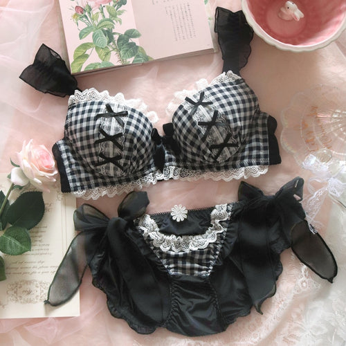 Lolita Underwear Plus Size Lingerie Lace Japanese Sexy Bra and Panty Set Plaid Black Fox Gathered Bra Thong Women's Panties Set