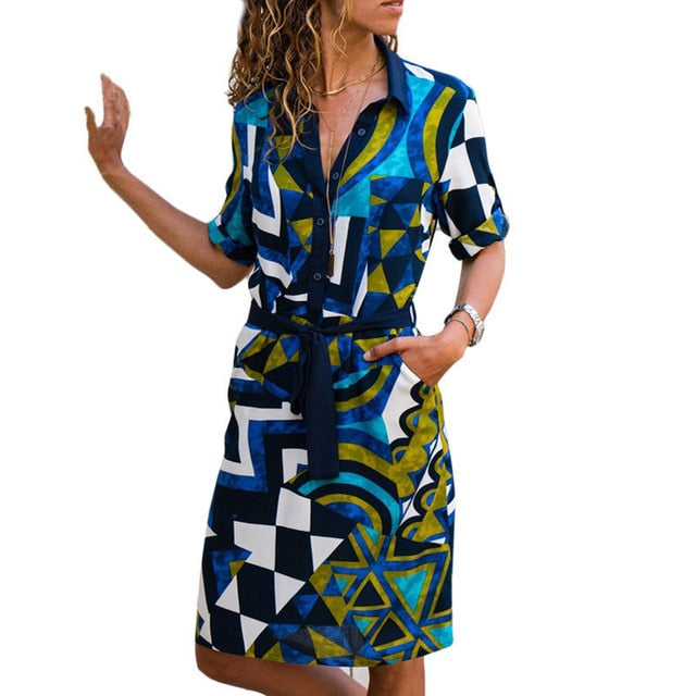 Long Sleeve Shirt Dress 2020 Summer Boho Beach Dresses Women Casual Striped Print A-line Mini Party Dress Vestidos