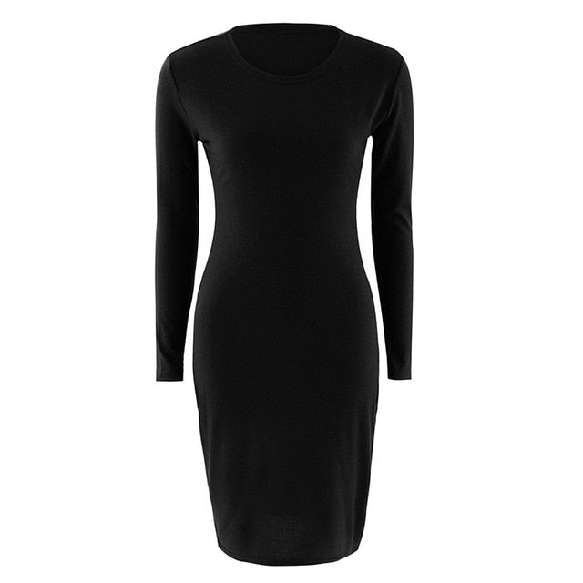 Long Sleeve Slim Dress for Women 2020 Spring Clothing Knee-Length Sheath Dress O-Neck Ladies Bodycon Dress Robe Femme