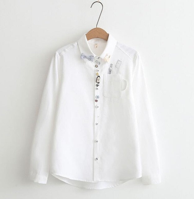 MUMUZI preppy style cotton cartoon blouse mori girl white and light blue cute shirts japanese autumn and winter patches tops