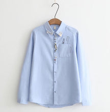 Load image into Gallery viewer, MUMUZI preppy style cotton cartoon blouse mori girl white and light blue cute shirts japanese autumn and winter patches tops