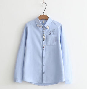 MUMUZI preppy style cotton cartoon blouse mori girl white and light blue cute shirts japanese autumn and winter patches tops