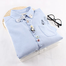 Load image into Gallery viewer, MUMUZI preppy style cotton cartoon blouse mori girl white and light blue cute shirts japanese autumn and winter patches tops