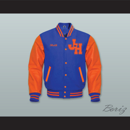 Malik John Hughes High School Royal Blue Wool and Orange Lab Leather Varsity Letterman Jacket