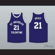 Load image into Gallery viewer, Malik Sealy 21 St. Nicholas of Tolentine High School Navy Blue Basketball Jersey
