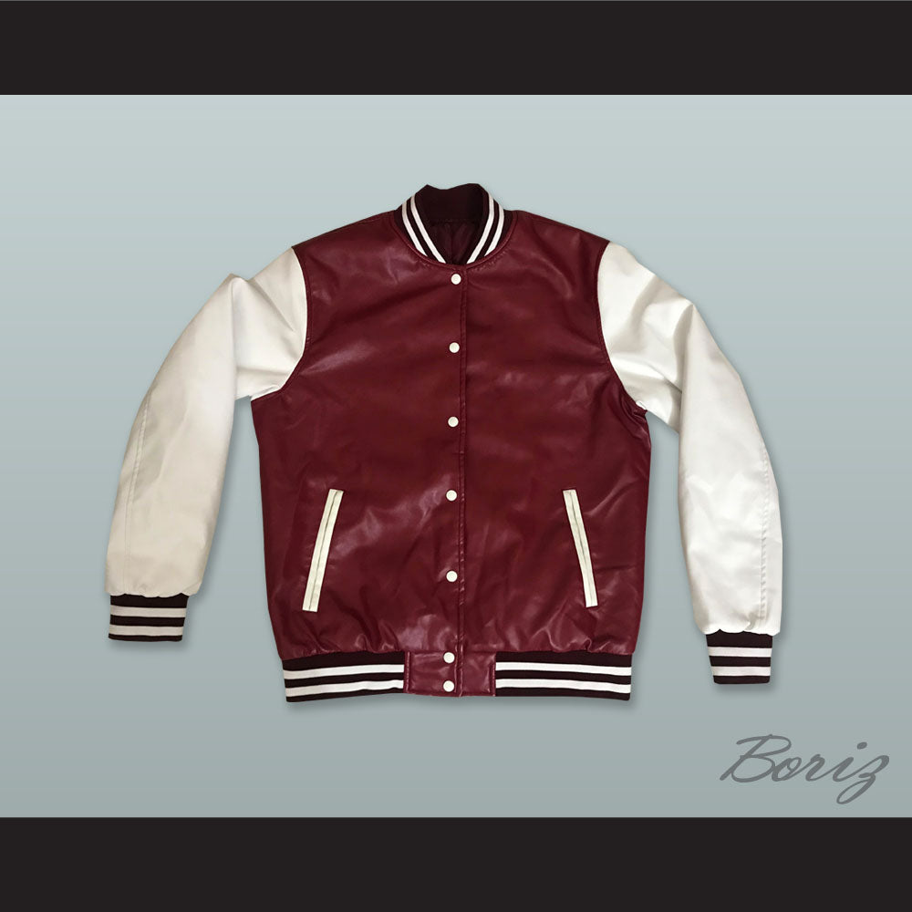 Maroon and White Lab Leather Varsity Letterman Jacket