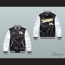 Load image into Gallery viewer, Bruno Mars 24K Hooligans Black/ White Varsity Letterman Satin Bomber Jacket 2