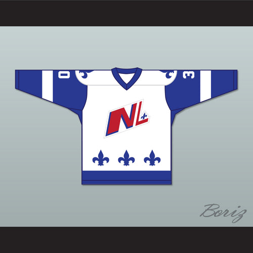Mathias Ladouceur 30 Le National de Quebec White Hockey Jersey- Lance et compte (He Shoots, He Scores)