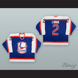 Max Linnik 2 Windsor Spitfires Blue Hockey Jersey