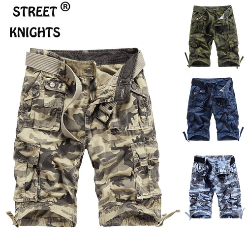 Men's 2021 Summer New Casual Loose Camouflage Cargo Shorts Men Multi-Pocket 100% Cotton Street Military Knee-Length Beach Shorts