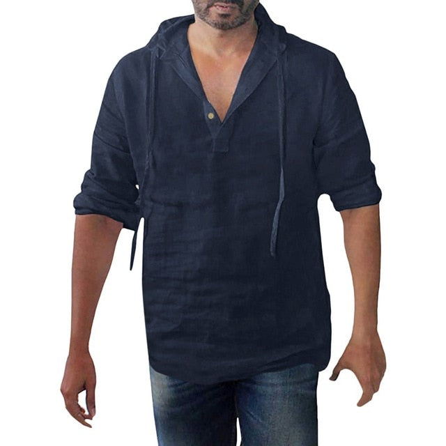 Men's Baggy Cotton Linen Solid Button Plus Size Long Sleeve Hooded Shirts Tops Handsome Men Shirt