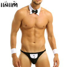 Load image into Gallery viewer, Mens Male Waiter Lingerie Sexy Clubwear Bowknot Open Back Tuxedo Gay Sexy String Homme Underwear with Bow Tie Collar Bracelets