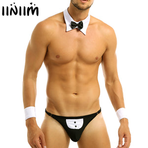 Mens Male Waiter Lingerie Sexy Clubwear Bowknot Open Back Tuxedo Gay Sexy String Homme Underwear with Bow Tie Collar Bracelets