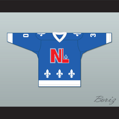 Michel Mathieu 30 Le National de Québec Blue Hockey Jersey- Lance et compte (He Shoots, He Scores)