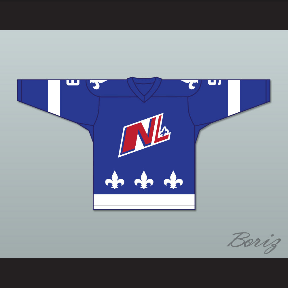 Mike Ludano 9 Le National de Quebec Blue Hockey Jersey- Lance et compte (He Shoots, He Scores)