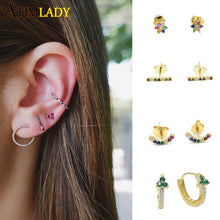 Load image into Gallery viewer, Minimal 925 sterling silver jewery red blue green white rainbow cz stone delicate dainty second colorful cluster stud earring