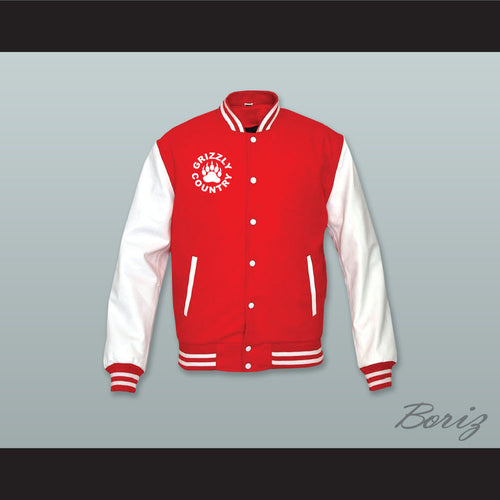 Minnville High School Grizzlies Football Red Wool and White Lab Leather Varsity Letterman Jacket