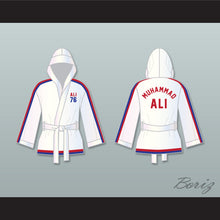 Load image into Gallery viewer, Muhammad Ali 76 White Satin Half Boxing Robe with Hood