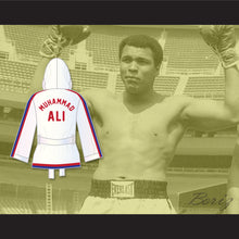 Load image into Gallery viewer, Muhammad Ali 76 White Satin Half Boxing Robe with Hood